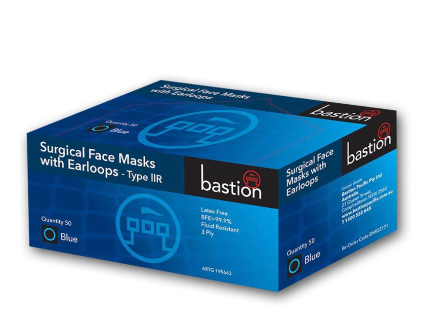 Bastion Disposable Surgical Face Masks with Earloops 3-ply Type llR Box 50