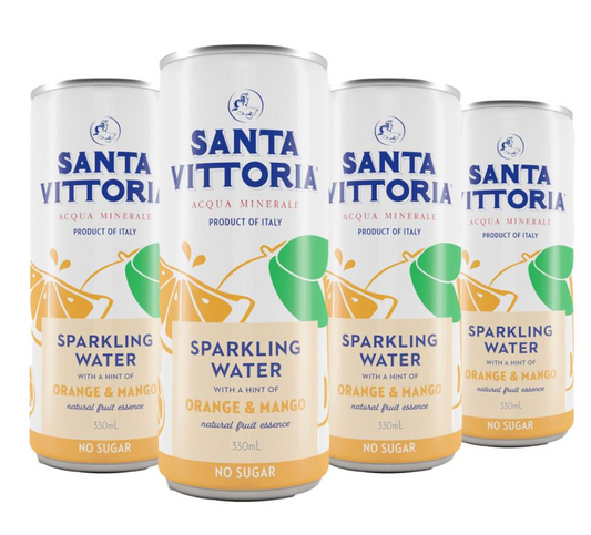 Santa Vittoria Mineral Water Sparkling Orange & Mango Flavoured Can 330ml Pack 4